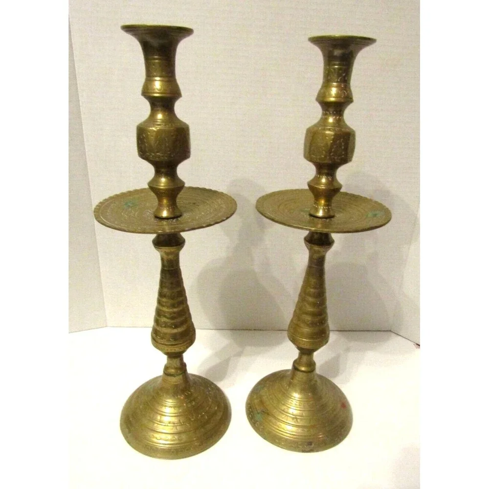 Moroccan Candle Holders Vintage 1950s Solid Brass Mid Century Set Pair Etched